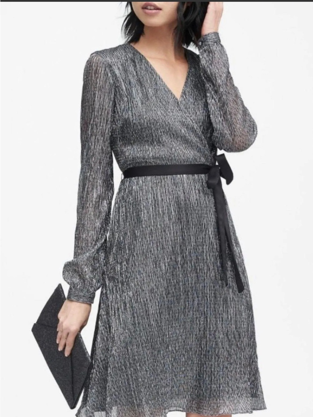 Banana Republic Silver Metallic Long-Sleeve Wrap Dress